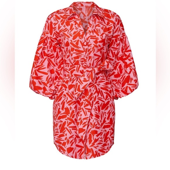 Veronica Beard Samy Mini Dress Poppy Multi Pink Red Shirt 3/4 Sleeve Button US 6 - Picture 6 of 16